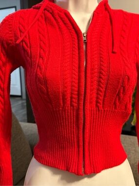 Harper Red Cable-Knit Zip Hoodie Sweater